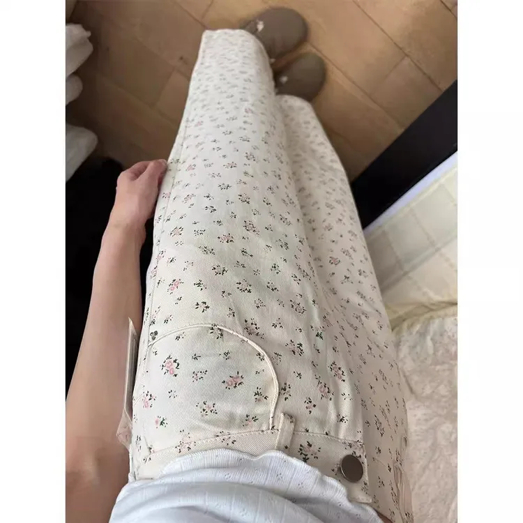 小个子高腰碎花直筒牛仔裤女春秋新款宽松百搭显瘦清新休闲阔腿裤