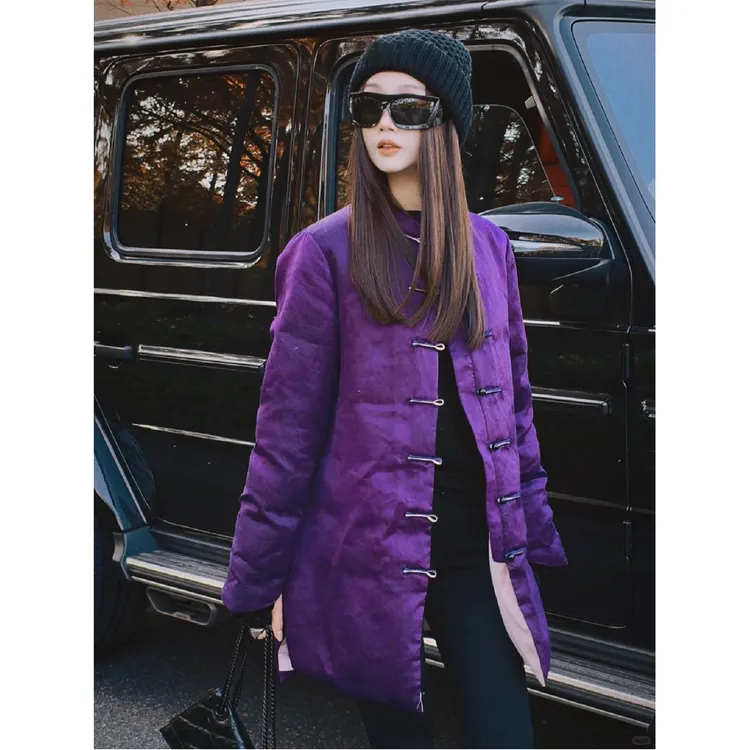 高级感超好看新中式国风盘扣紫色棉服加绒加厚保暖外套女冬季