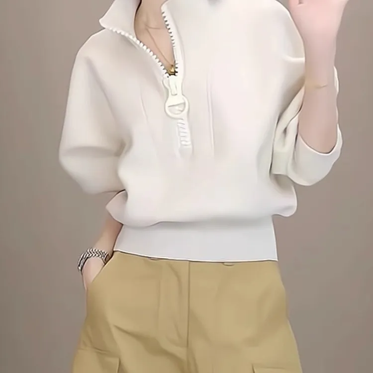 芯娇晴美式慵懒白色半拉链卫衣女2025春秋新款爆款短款半高领外套