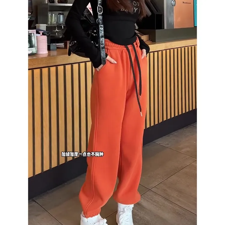 芯娇晴2025春秋季新款加绒运动裤直筒阔腿裤橙色束脚休闲卫裤子女
