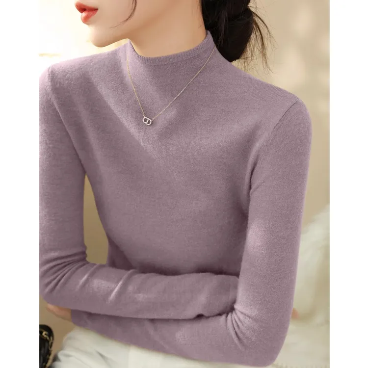 芯娇晴高级感紫色半高领长袖内搭针织毛衣女春秋超好看流行打底衫