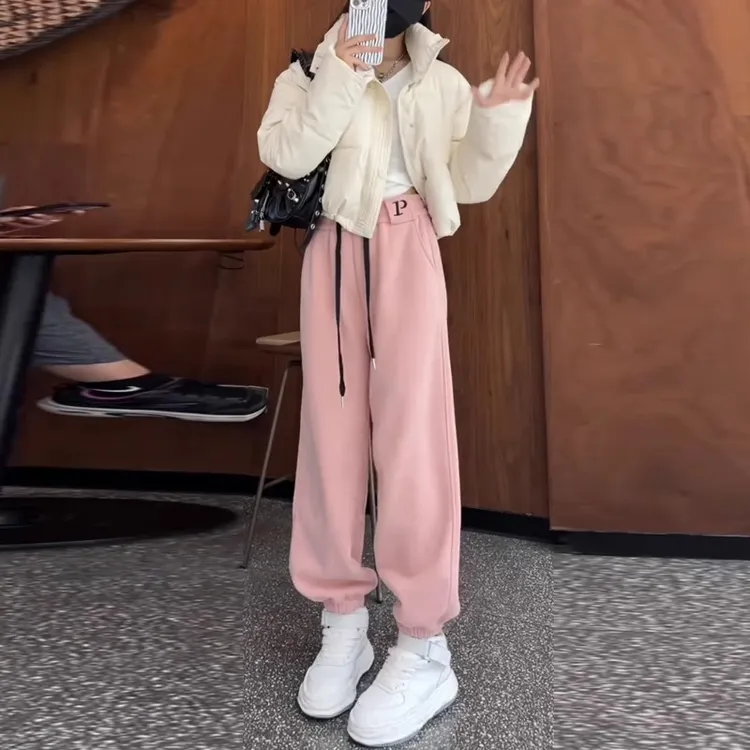 芯娇晴粉色痞雅裤运动卫裤子女2025春秋季新款韩版休闲束脚哈伦裤