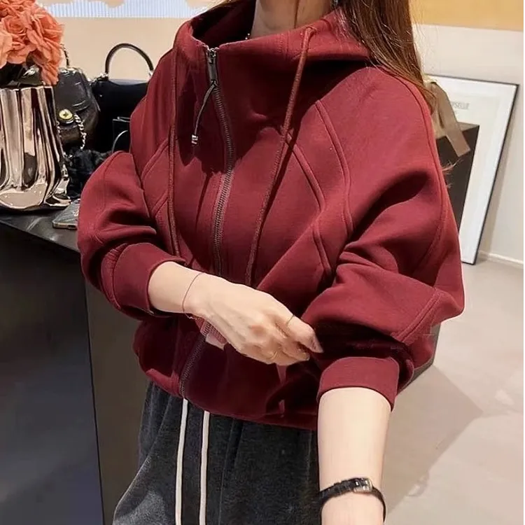 芯娇晴美式慵懒红色连帽拉链开衫卫衣外套女春秋季2025新款小个子