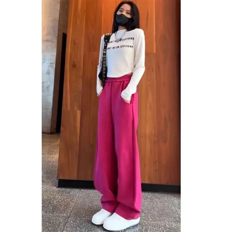 芯娇晴红色百搭纯色阔腿香蕉裤女2025春秋季加绒宽松休闲直筒长裤