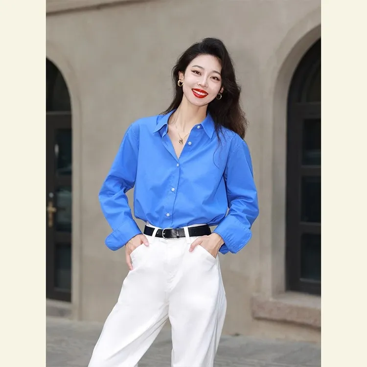 芯娇晴今年流行2025秋季新款独特别致显瘦气质衬衣克莱因蓝衬衫女