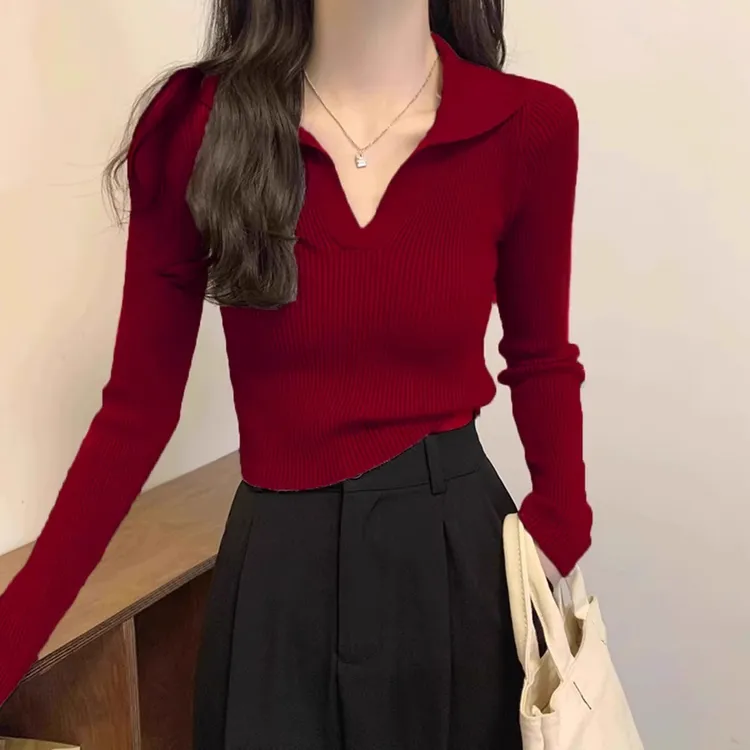 芯娇晴酒红色polo领针织衫女2025春秋新款修身显瘦打底衫内搭上衣