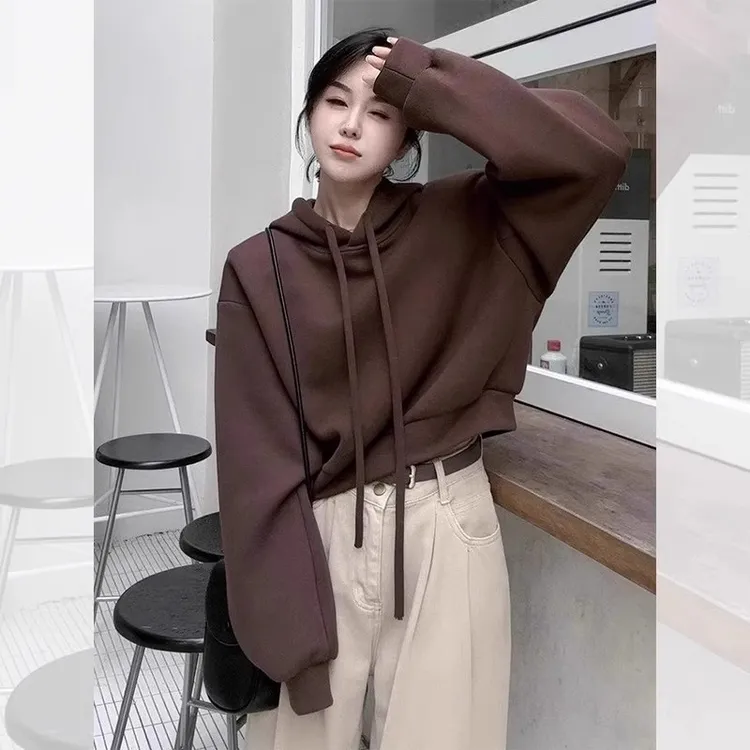 芯娇晴美拉德穿搭棕色卫衣女款2025新款春秋季连帽衫宽松短款上衣