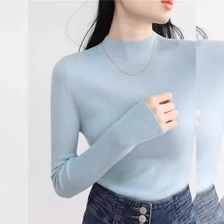 芯娇晴法式蓝色半高领打底衫女春秋内搭小个子修身针织衫软糯毛衣