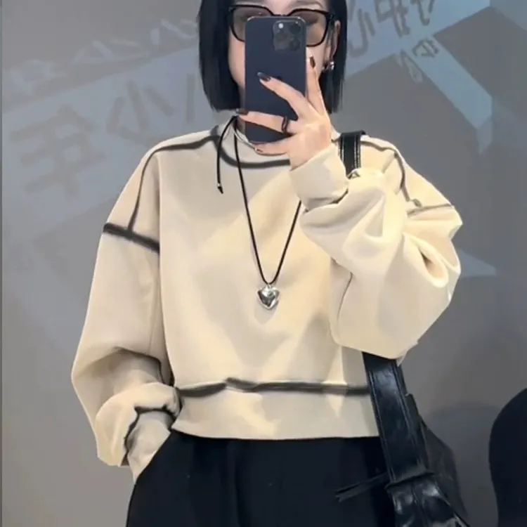 芯娇晴美式慵懒短款圆领卫衣女春秋2025新款爆款欧货漂亮时尚洋气