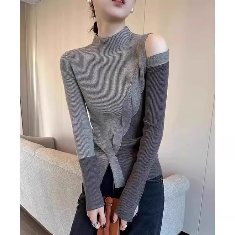 芯娇晴半高领毛衣女内搭洋气春秋针织衫露肩打底衫不规则外穿上衣