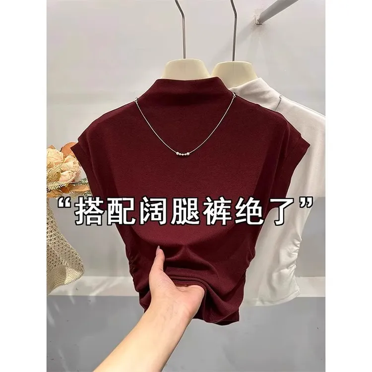 芯娇晴半高领针织打底衫女2025新款秋修身内搭短袖t恤安可拉红色