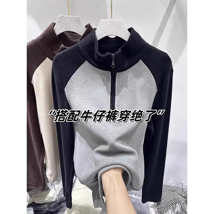 芯娇晴撞色德绒插肩袖卫衣女春秋穿搭加厚保暖内搭磨毛半拉链上衣