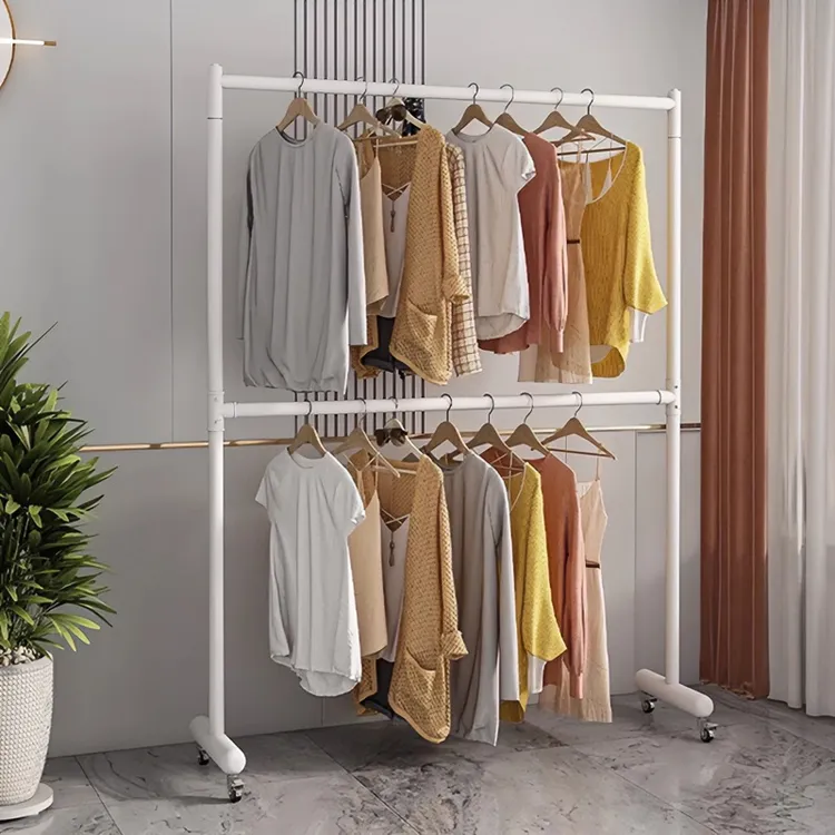 服装店衣帽架阳台省空间双层衣服家用可升降晾晒衣服神器简易带轮