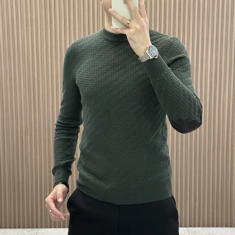 秋冬男士圆领针织打底衫高级轻奢毛衣肘部拼接菱形格时尚百搭纯色
