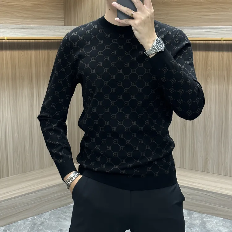 冬季男士针织打底衫商务休闲保暖毛衣高级圆领字母提花百搭潮流