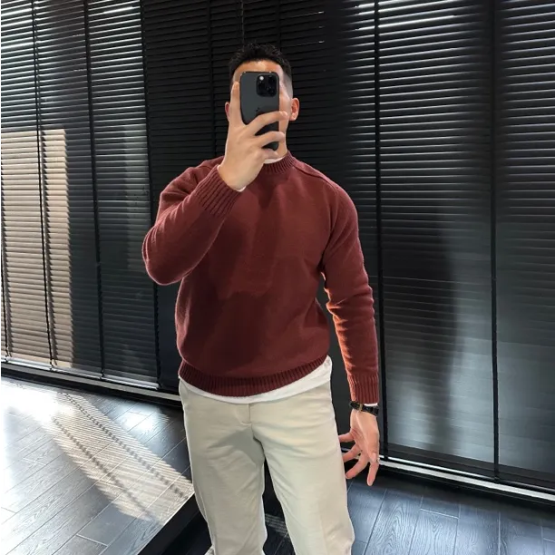 春季男士轻奢毛衣马鞍肩休闲加厚针织衫纯色百搭圆领长袖保暖上衣