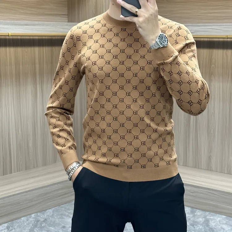 冬季男士针织打底衫字母提花保暖毛衣商务休闲高级圆领百搭潮流