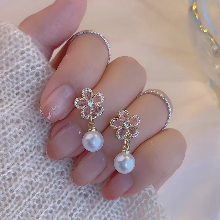 925银针粉色花朵耳环女轻奢气质甜美耳钉2025新款爆款高级感耳饰
