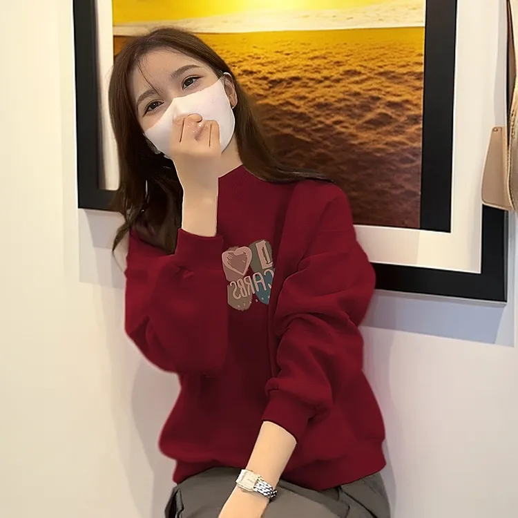 半高领加绒保暖卫衣女2025新款爆款秋冬季加厚长袖红色上衣打底衫