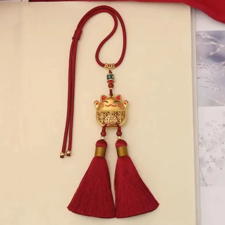 招财猫汽车挂件高档后视镜个性好运招财猫吊坠男女车上双流苏短款