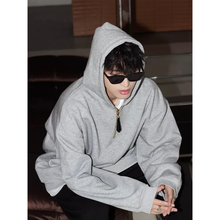 【张星特同款】MIDASHAND 510g宽松纯色连帽卫衣金色半拉链休闲百搭