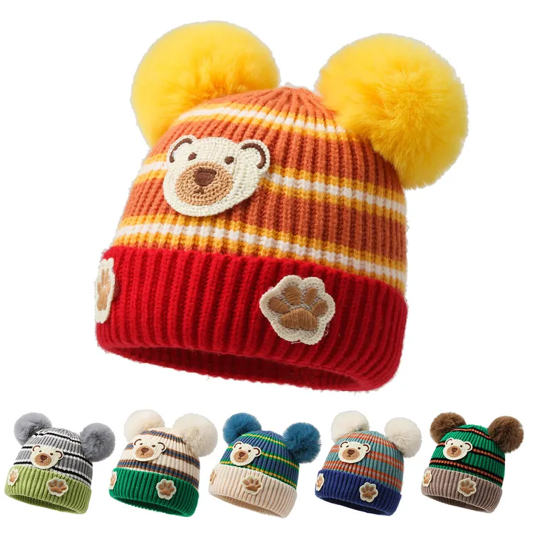 儿童小熊帽子秋冬保暖毛线帽韩版男童超萌针织帽女宝宝可爱毛球帽