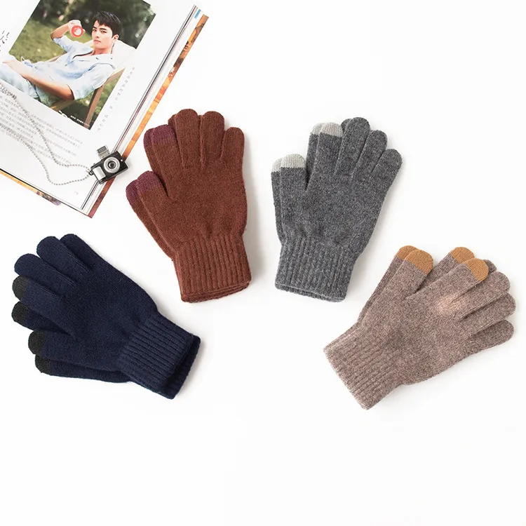 新款美拉德百搭羊毛针织手套防风保暖骑行防寒秋冬季分指触屏手套
