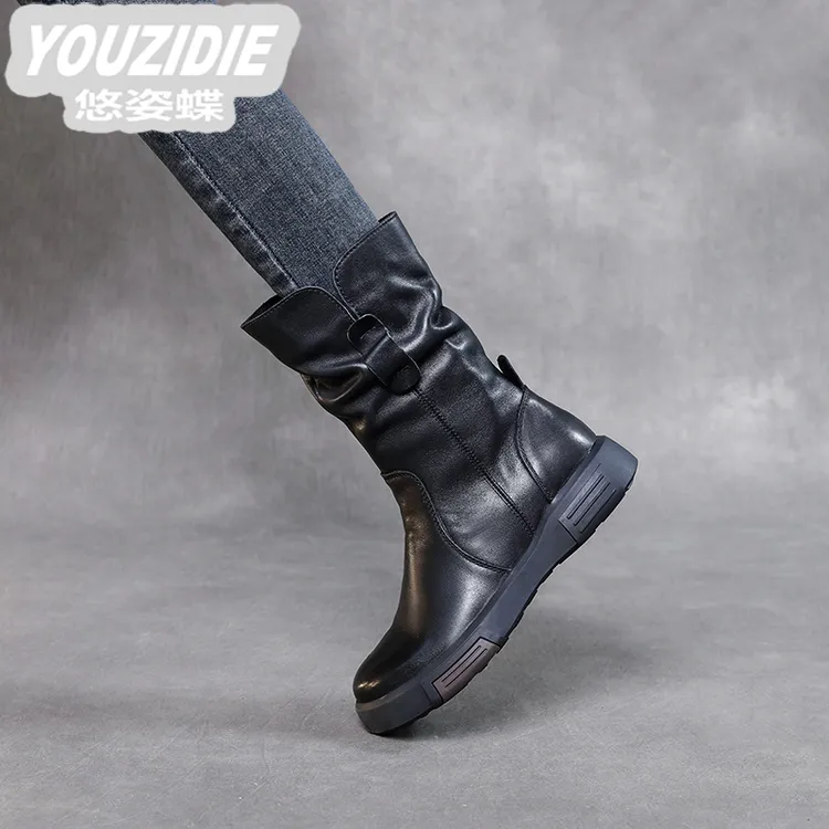 YOUZIDIE中筒骑士靴2025时尚新款平底靴子欧货马丁靴加绒女靴冬款