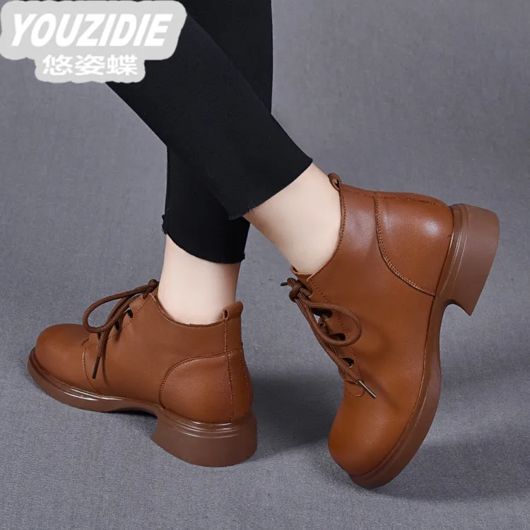 YOUZIDIE圆头平底短靴女2025秋冬新款舒适马丁靴牛皮侧拉链英伦风