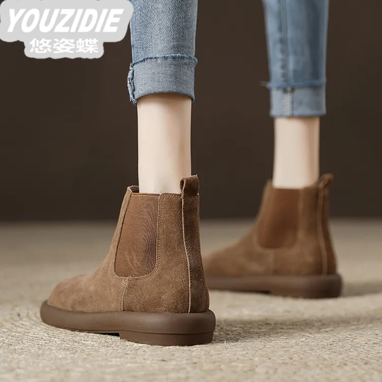 YOUZIDIE时尚软底磨砂皮短靴女卡其色靴子2025新款切尔西靴百搭