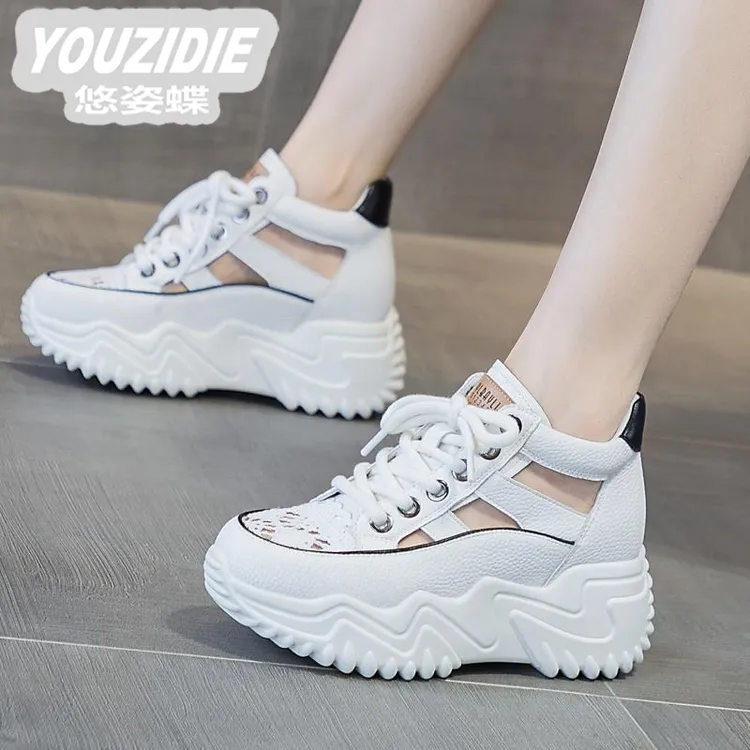 YOUZIDIE真皮厚底内增高凉鞋女款2025夏季镂空百搭软底运动透气鞋