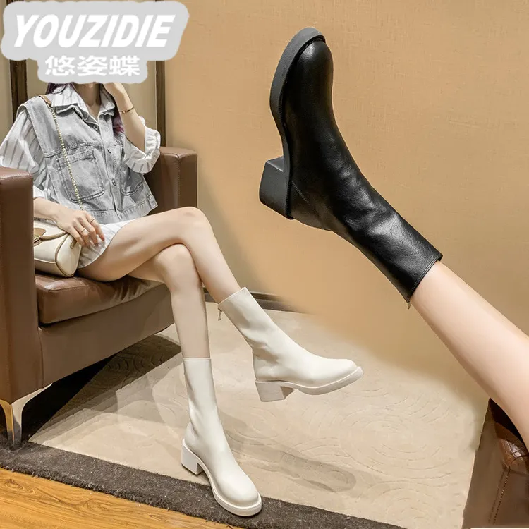 YOUZIDIE真皮白色马丁靴女2025年百搭新款加绒单靴中筒短靴软皮透