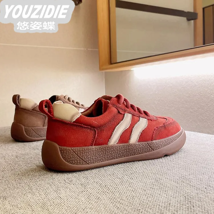 YOUZIDIE2025新款红色百搭老爹鞋女真皮运动厚底女鞋德训板鞋潮鞋