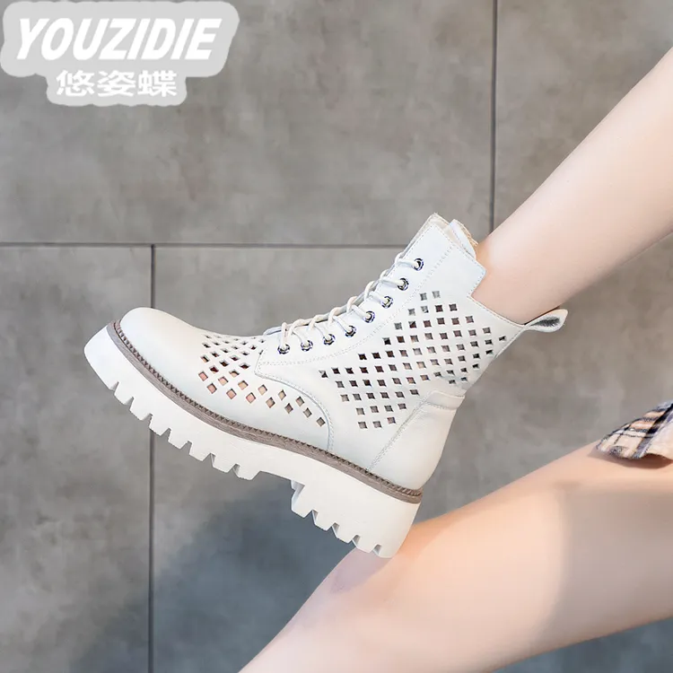YOUZIDIE真皮镂空夏天马丁靴女凉鞋小个子夏款靴子网眼全牛皮网靴
