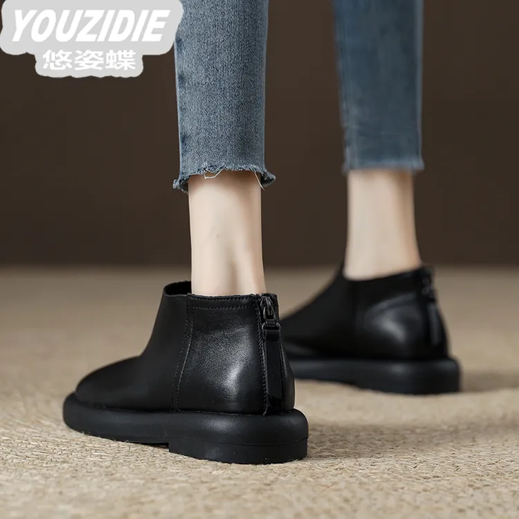 YOUZIDIE超火黑色低帮马丁靴短款真皮软底短靴女2025新款加绒百搭