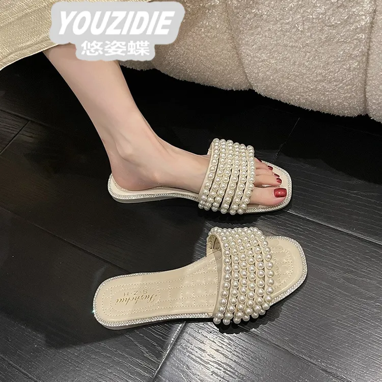YOUZIDIE法式珍珠仙女风网红拖鞋女夏时尚2025新款外穿百搭露趾软
