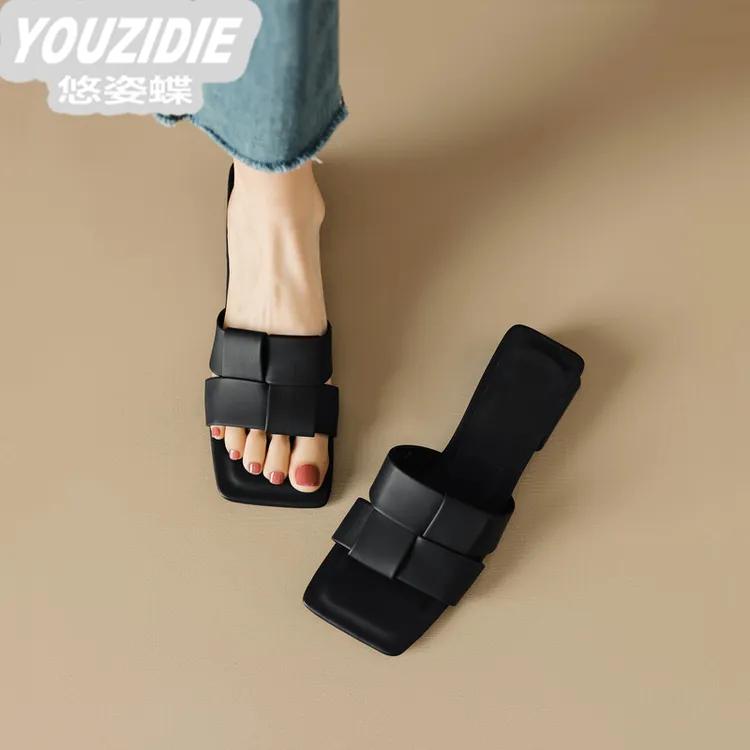 YOUZIDIE真皮夏季中跟厚底凉拖鞋2025年春夏新款编织露趾法式一