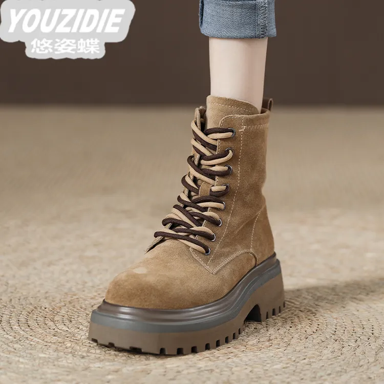 YOUZIDIE真皮马丁靴女2025秋季新款英伦风复古磨砂皮短靴厚底圆头