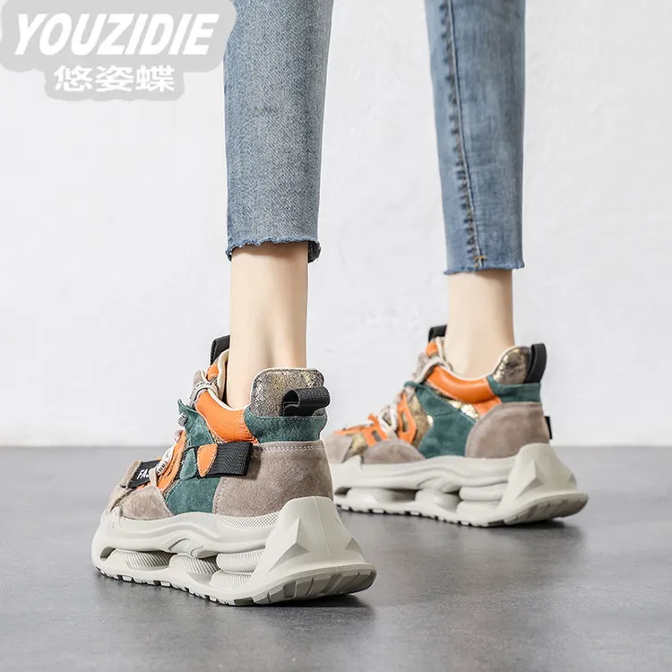 YOUZIDIE厚底拼色高帮老爹鞋女加绒超火真皮百搭鞋2025时尚新款 