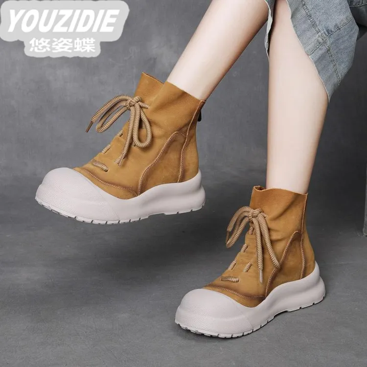 YOUZIDIE冬季 简洁利落 真皮英伦风马丁靴软底舒适厚底秋冬短靴女