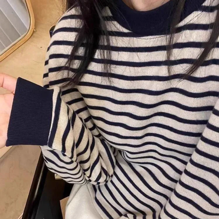 超柔软宽松条纹卫衣女秋冬韩系慵懒风圆领套头长袖超好看爆款上衣
