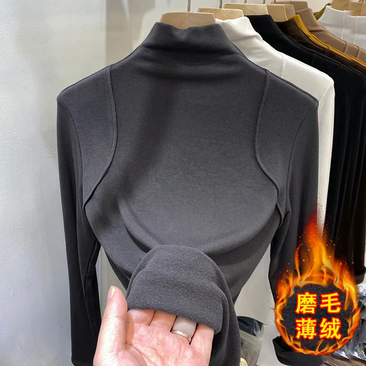 加绒保暖打底衫女秋冬半高领修身内搭长袖t恤洋气修身纯色上衣服