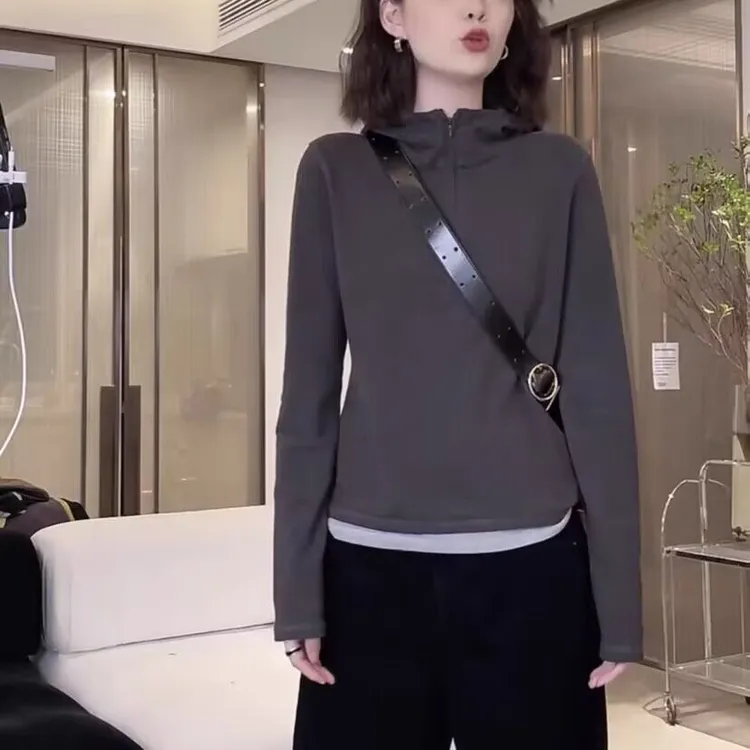 撞色拼接套头连帽卫衣女秋冬新款显瘦百搭假两件休闲打底长袖上衣