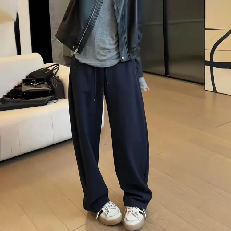 秋季新款韩版直筒阔腿裤女宽松显瘦抽绳休闲卫裤加绒加厚弯刀裤子