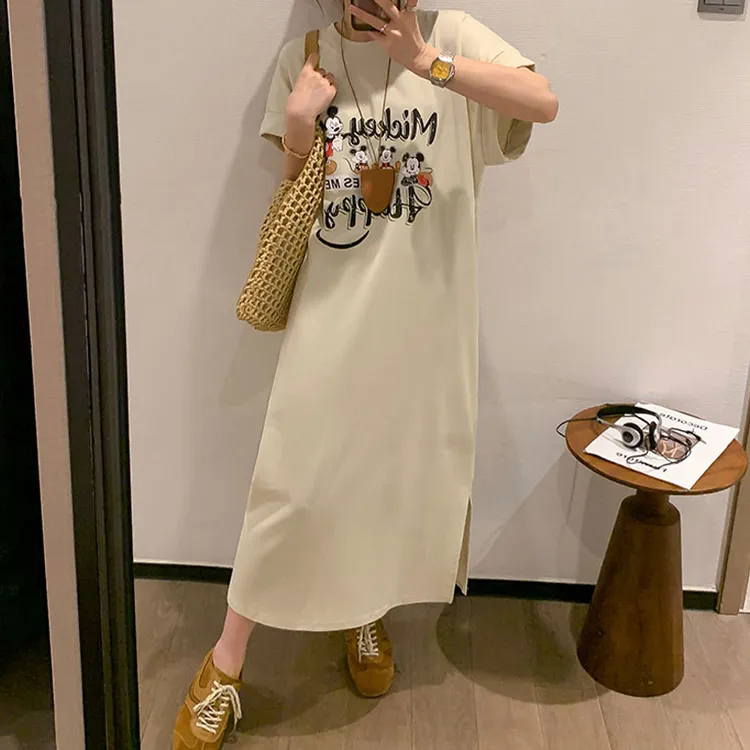 大码女装杏色卡通字母印花连衣裙女2024夏季新款宽松休闲T恤裙女