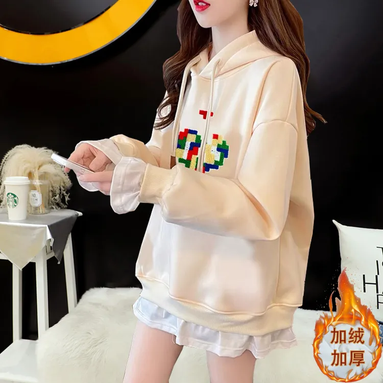 加绒加厚连帽假两件卫衣女2024新款秋冬洋气减龄宽松设计感外套女