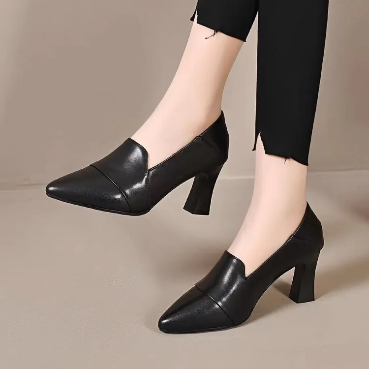 2025年新款真皮女鞋秋季单鞋女尖头高跟软皮工作鞋中跟百搭小皮鞋