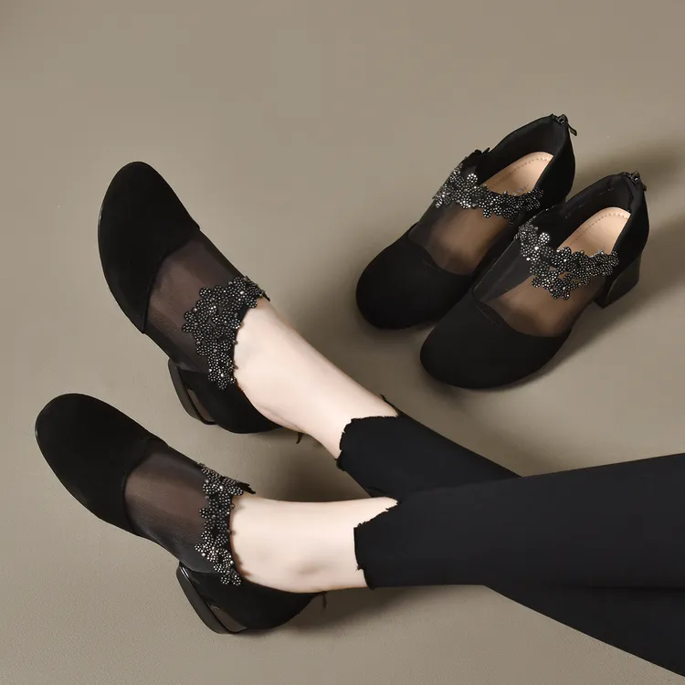 2025新款夏季网纱真皮女鞋圆头单鞋女软底春夏款妈妈凉鞋镂空皮鞋