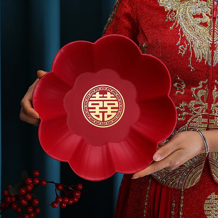 结婚果盘喜糖盘2025新款水果盘客厅家用婚礼红盘子喜盘婚庆用品