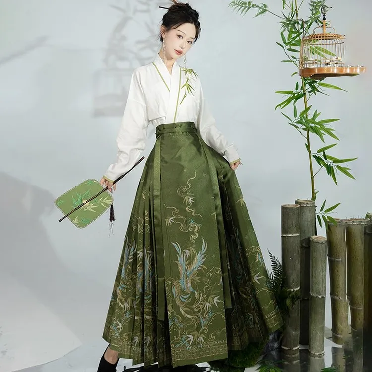 秋季新款明制汉服女凤鸣在竹国风刺绣交领上衣日常仙气印花马面裙
